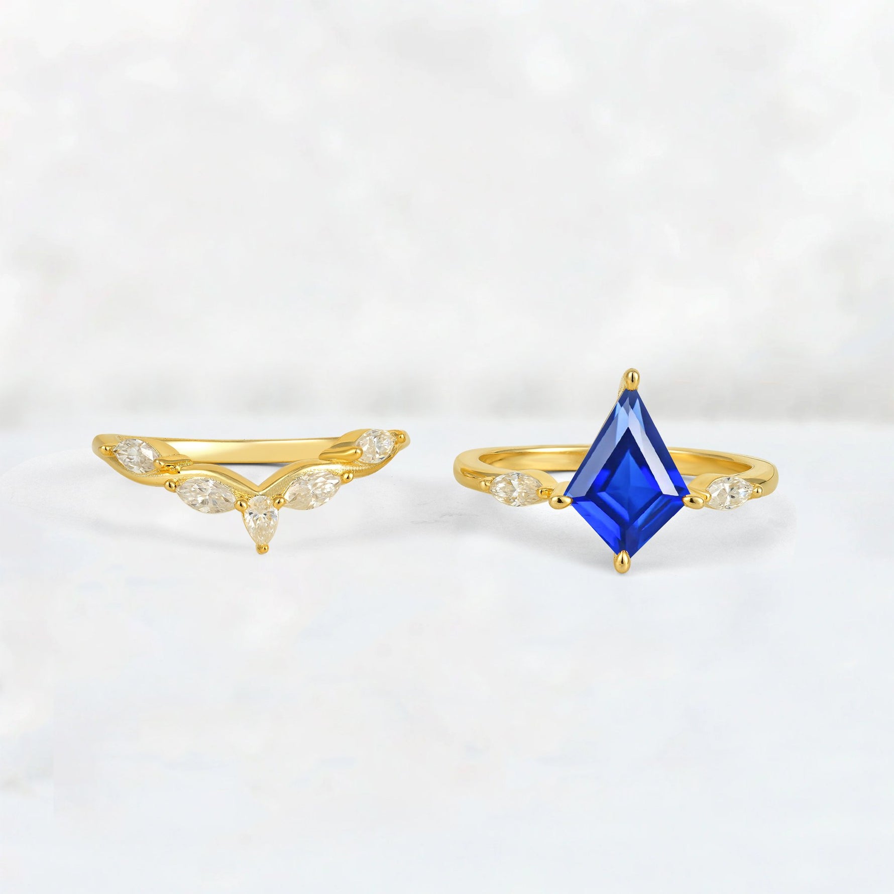 Kite Cut Sapphire Leaf Chevron Bridal Ring Set - White-Gold