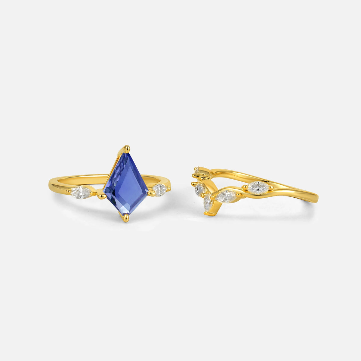 Kite Cut Sapphire Leaf Chevron Bridal Ring Set - Additional view