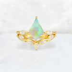 Kite Cut Fire Opal Leaf Chevron Bridal Ring Set - Yellow-Gold