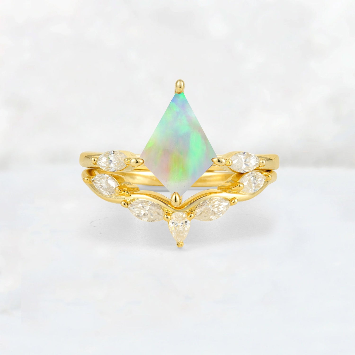 Kite Cut Fire Opal Leaf Chevron Bridal Ring Set - Yellow-Gold