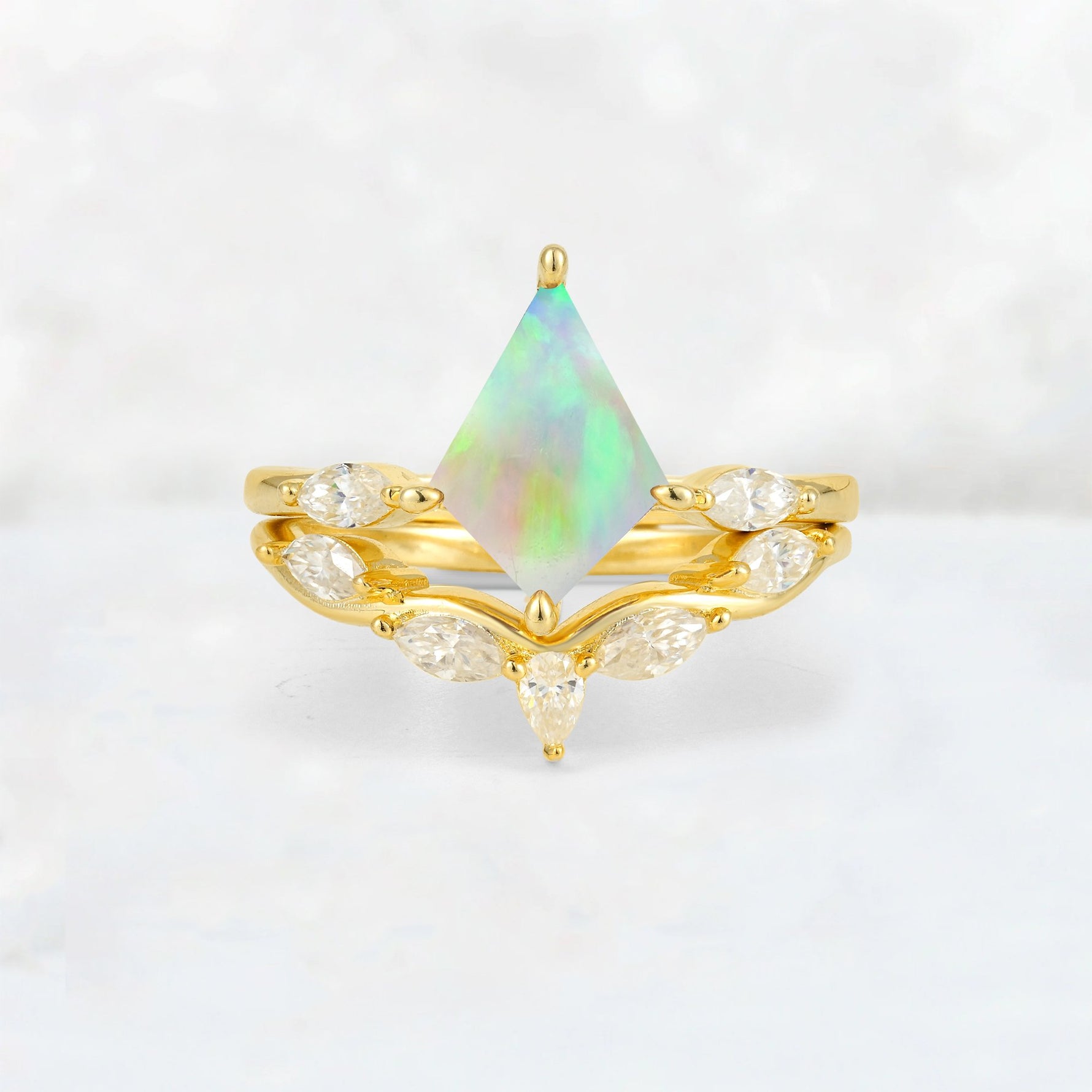 Kite Cut Fire Opal Leaf Chevron Bridal Ring Set - Yellow-Gold