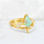 Kite Cut Fire Opal Leaf Chevron Bridal Ring Set - Rose-Gold