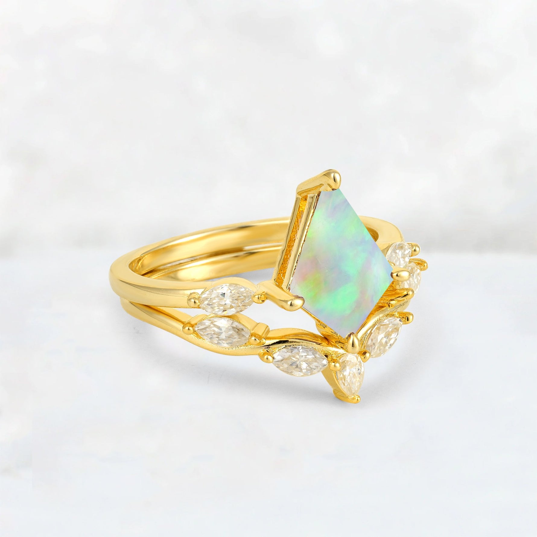 Kite Cut Fire Opal Leaf Chevron Bridal Ring Set - Rose-Gold