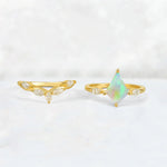 Kite Cut Fire Opal Leaf Chevron Bridal Ring Set - White-Gold