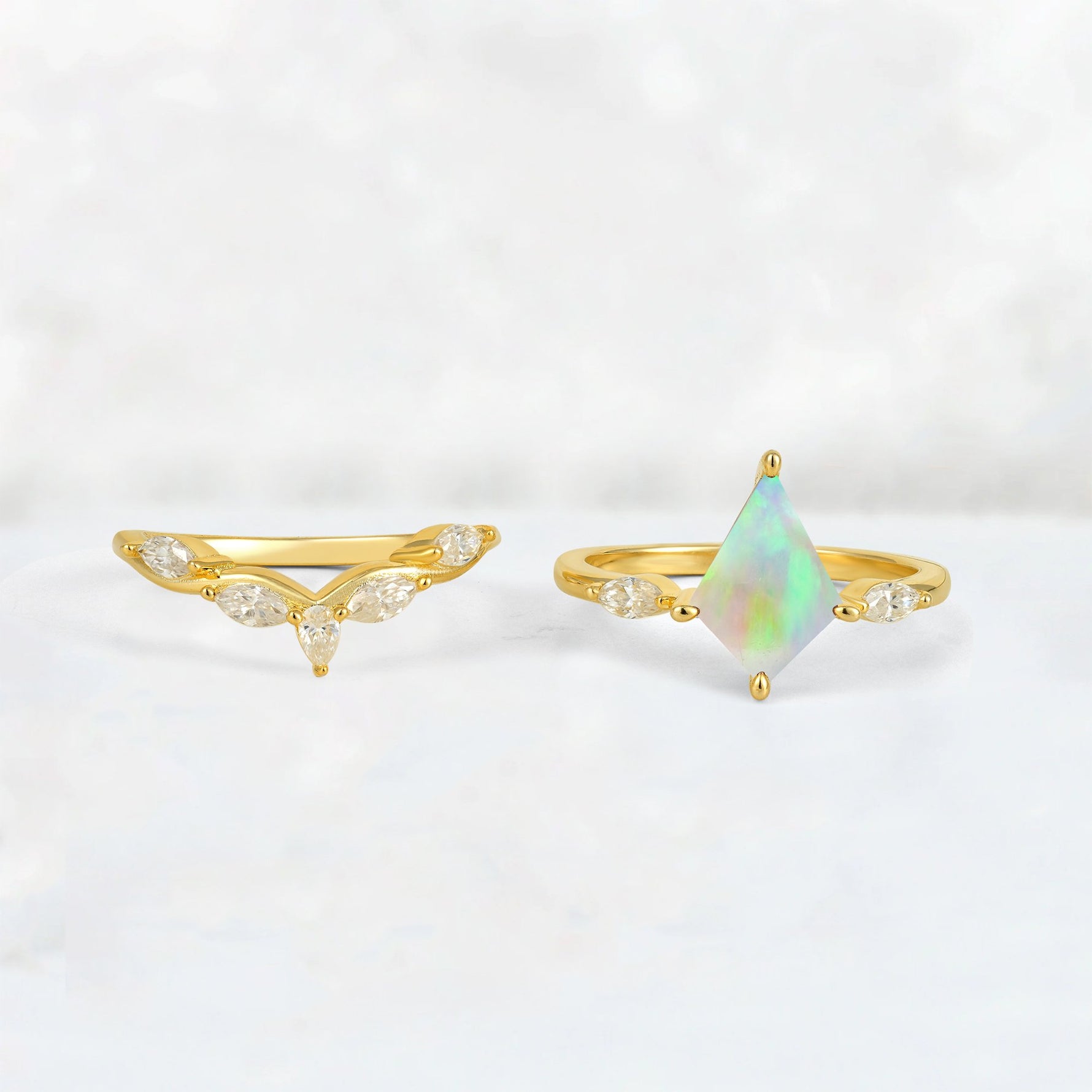 Kite Cut Fire Opal Leaf Chevron Bridal Ring Set - White-Gold