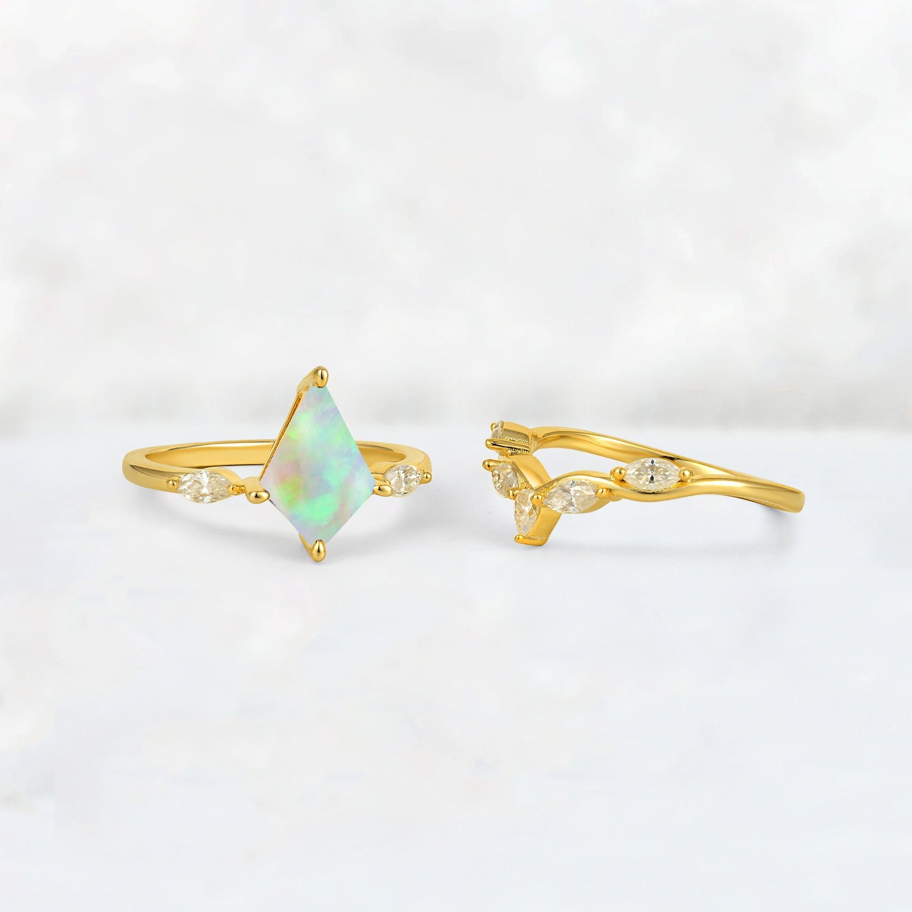 Kite Cut Fire Opal Leaf Chevron Bridal Ring Set - Additional view