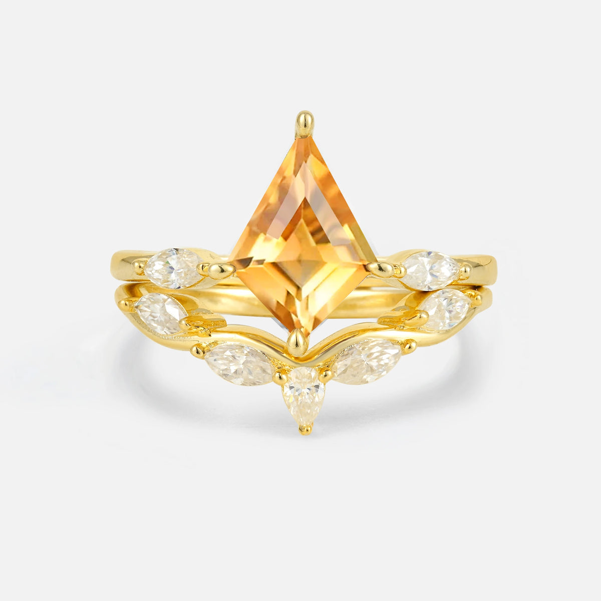 Kite Cut Citrine Leaf Chevron Bridal Ring Set - Yellow-Gold