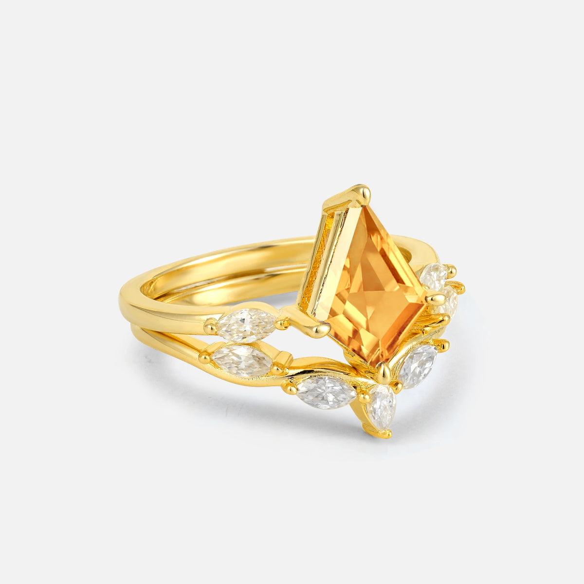 Kite Cut Citrine Leaf Chevron Bridal Ring Set - Rose-Gold