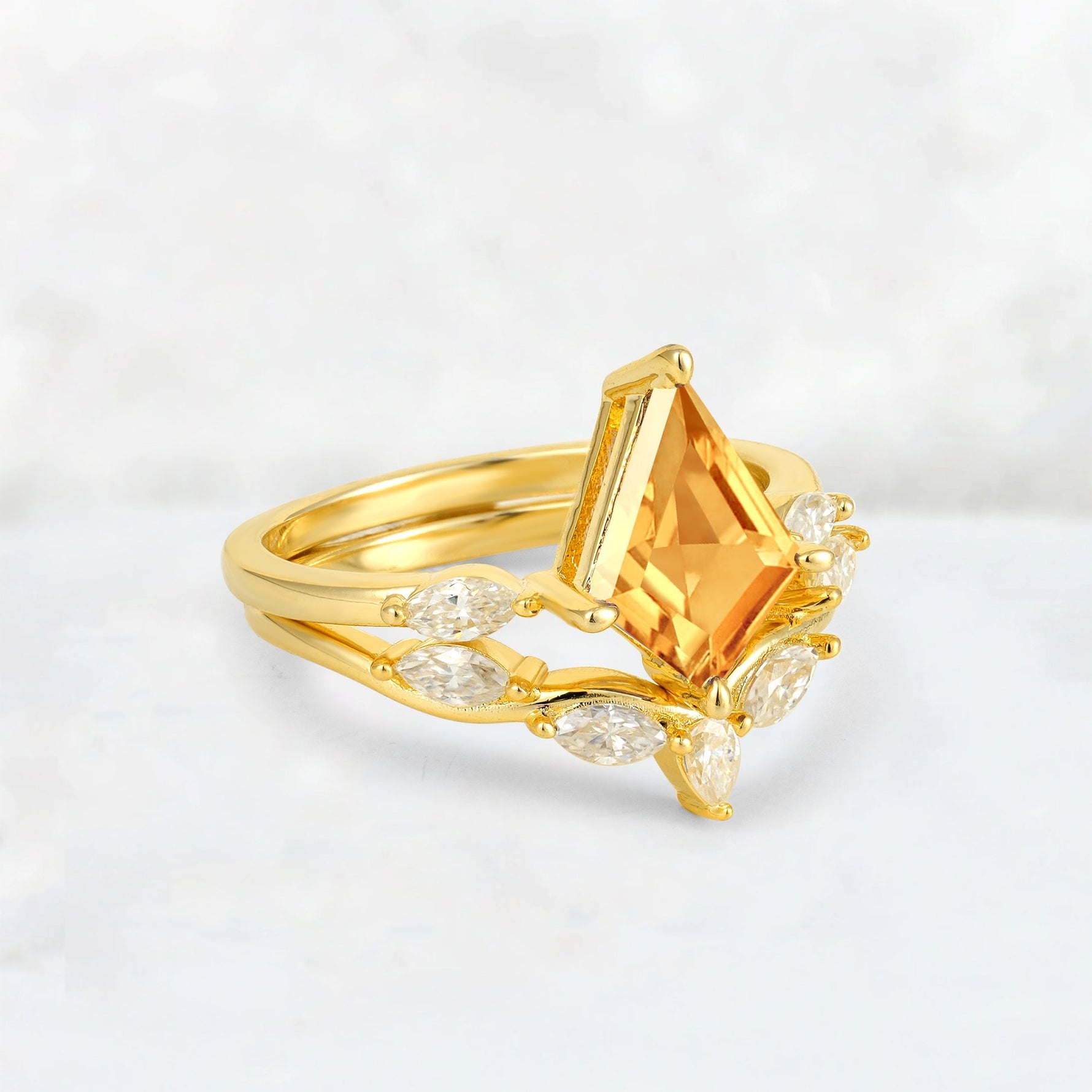 Kite Cut Citrine Leaf Chevron Bridal Ring Set - Rose-Gold