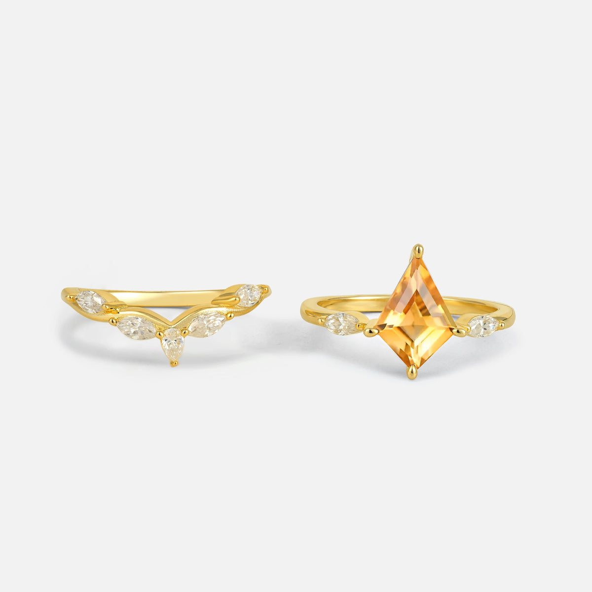 Kite Cut Citrine Leaf Chevron Bridal Ring Set - White-Gold