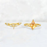 Kite Cut Citrine Leaf Chevron Bridal Ring Set - White-Gold