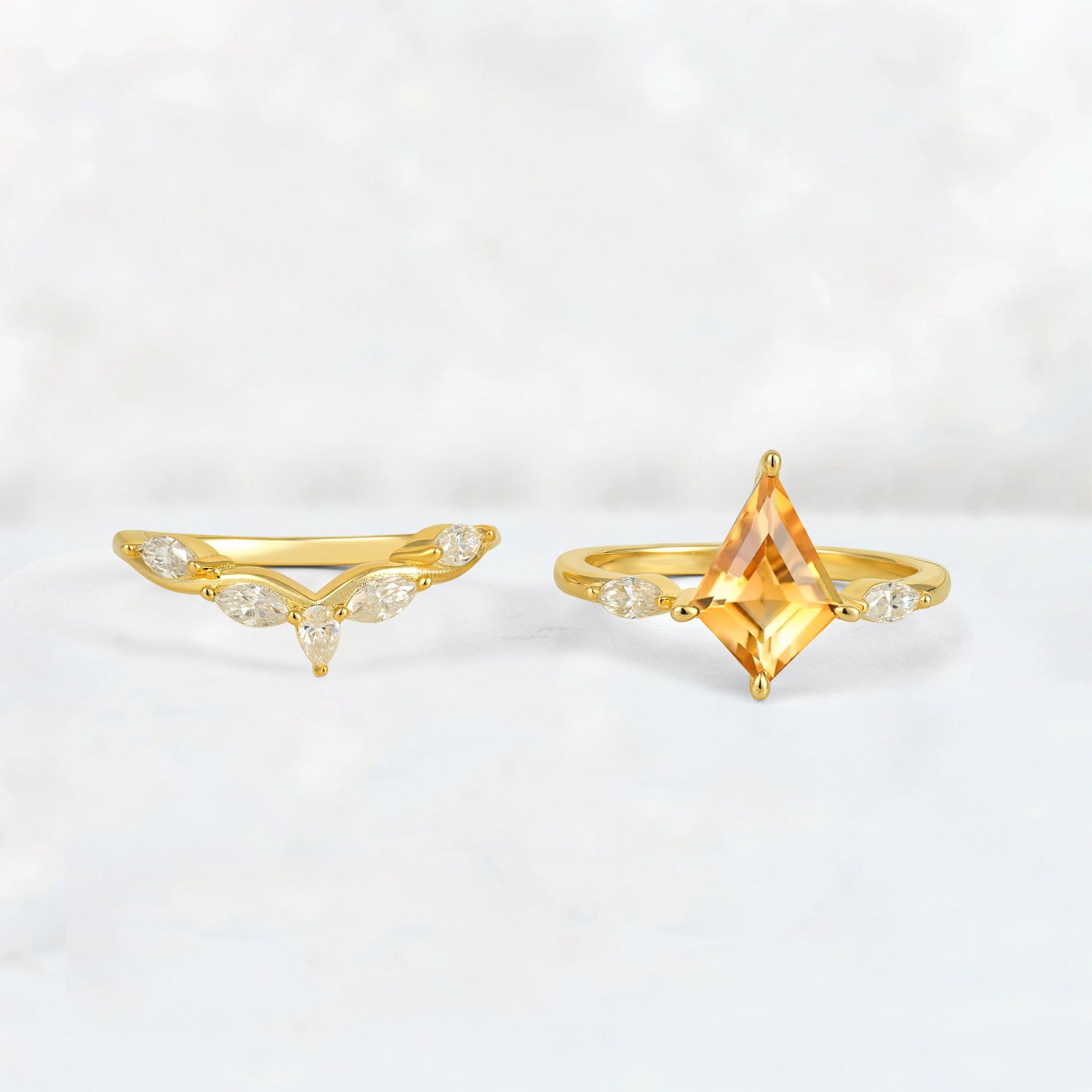Kite Cut Citrine Leaf Chevron Bridal Ring Set - White-Gold