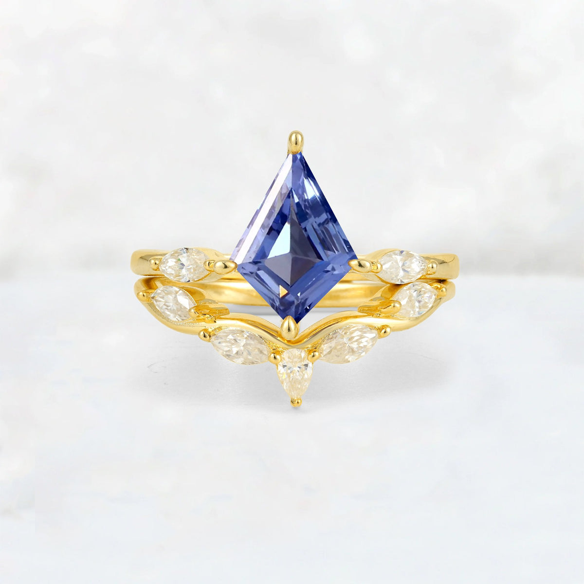 Kite Cut Tanzanite Leaf Chevron Bridal Ring Set - Yellow-Gold