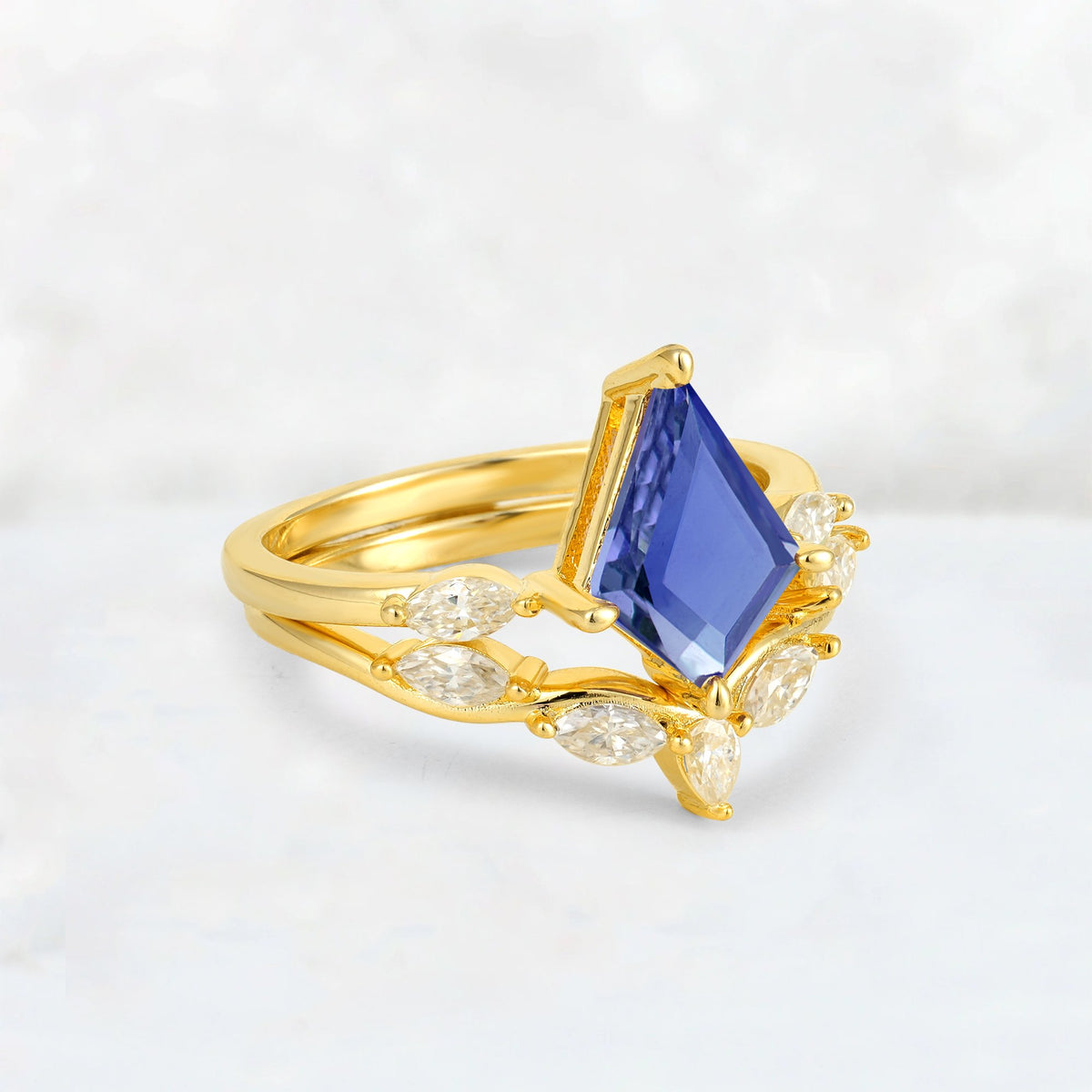 Kite Cut Tanzanite Leaf Chevron Bridal Ring Set - Rose-Gold