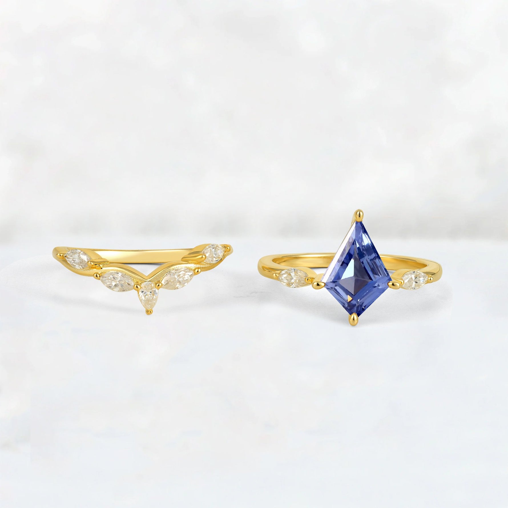 Kite Cut Tanzanite Leaf Chevron Bridal Ring Set - White-Gold