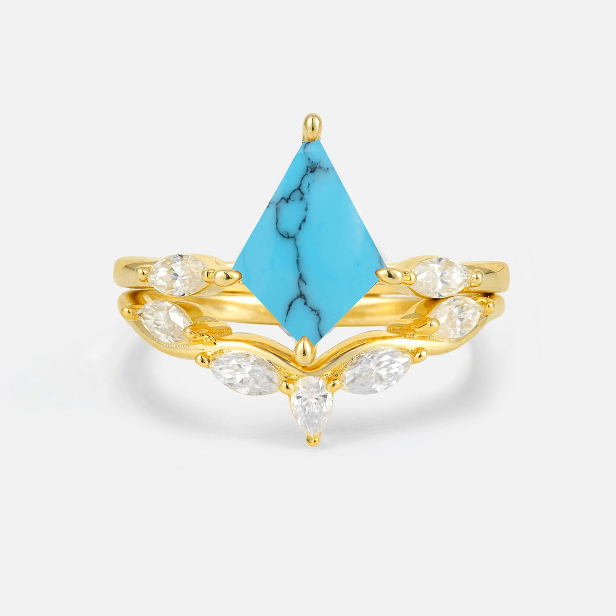Kite Cut Turquoise Leaf Chevron Bridal Ring Set - Yellow-Gold