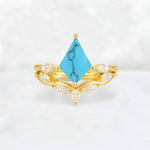 Kite Cut Turquoise Leaf Chevron Bridal Ring Set - Yellow-Gold