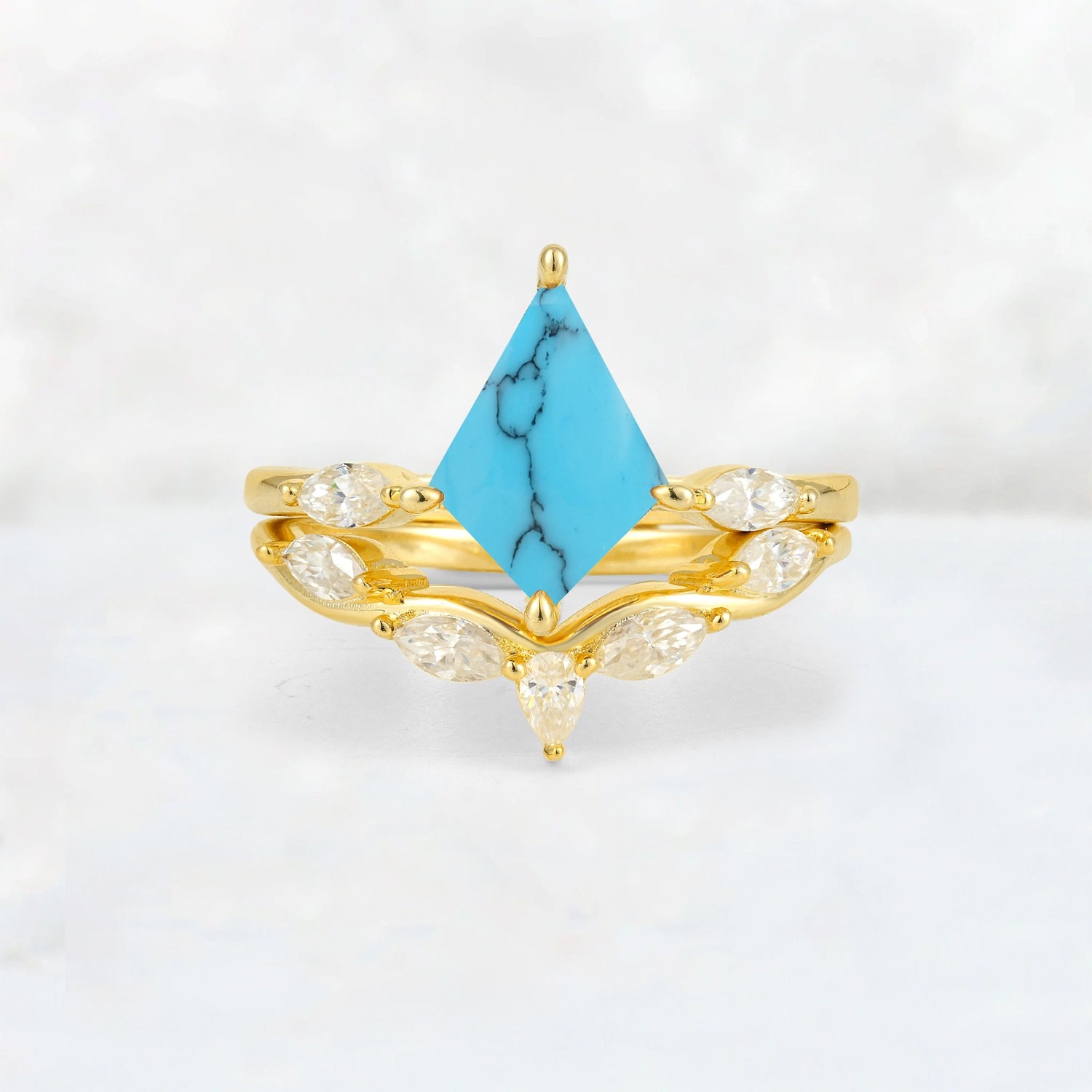 Kite Cut Turquoise Leaf Chevron Bridal Ring Set - Yellow-Gold
