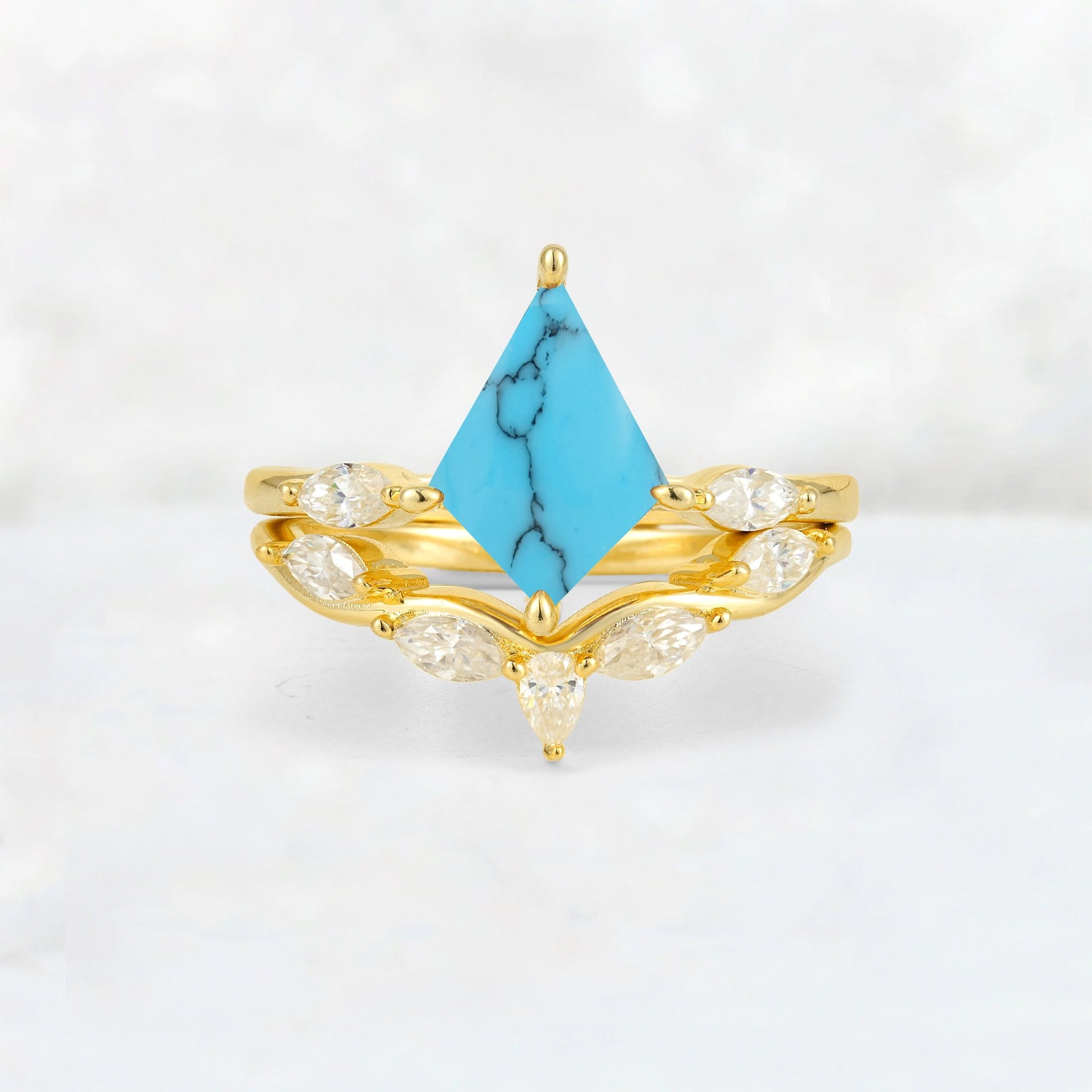 Kite Cut Turquoise Leaf Chevron Bridal Ring Set - Yellow-Gold