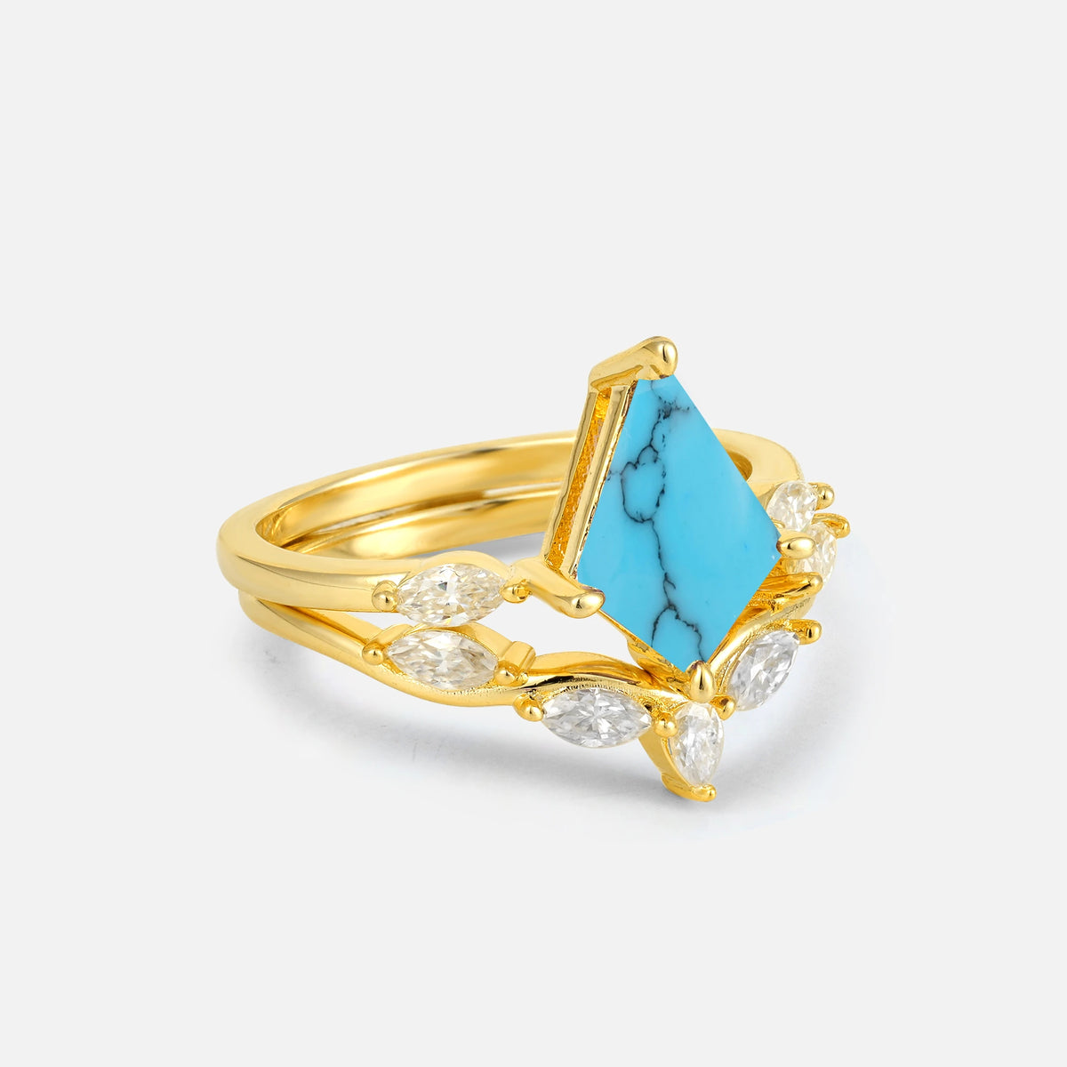 Kite Cut Turquoise Leaf Chevron Bridal Ring Set - Rose-Gold