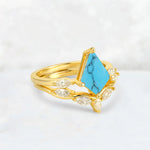 Kite Cut Turquoise Leaf Chevron Bridal Ring Set - Rose-Gold