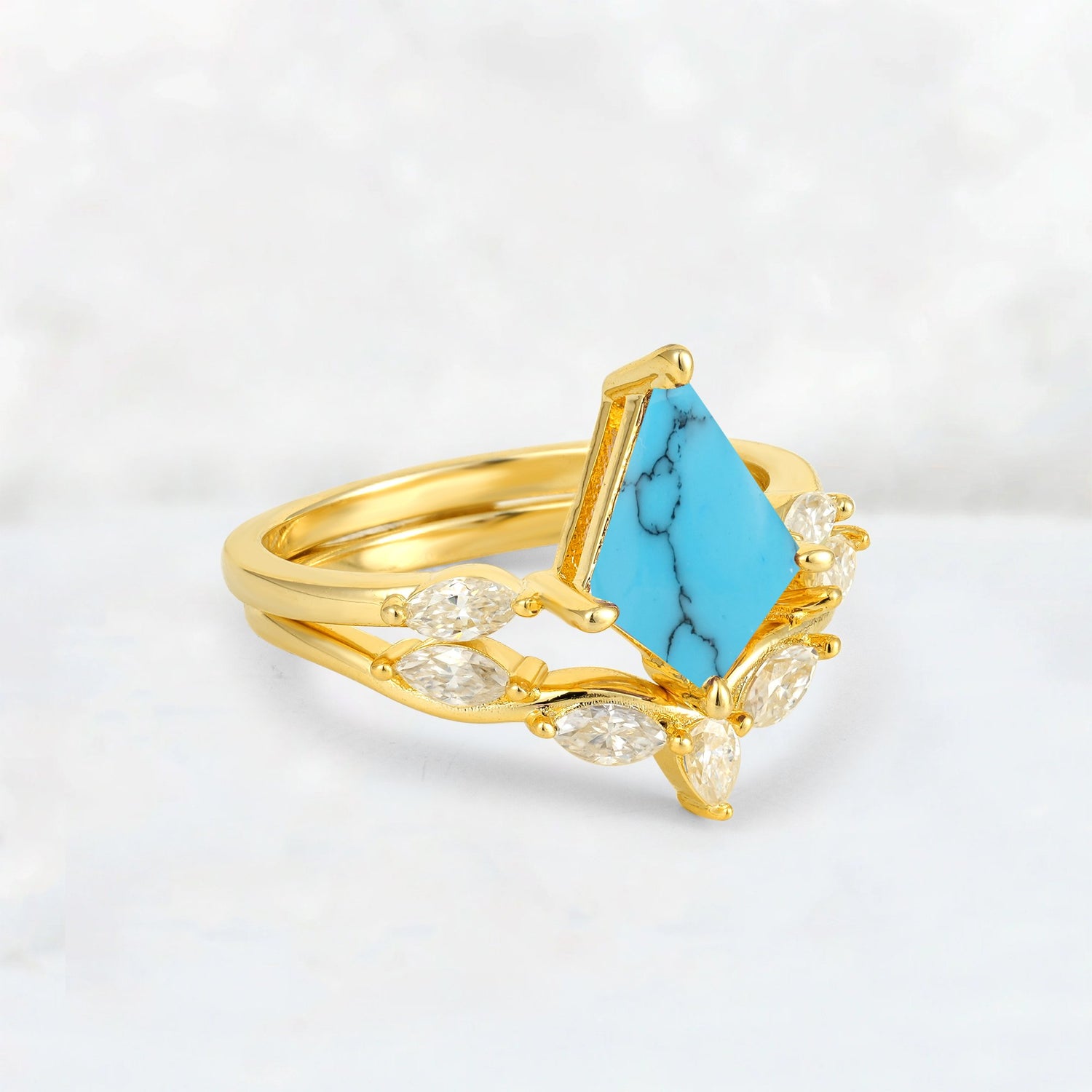 Kite Cut Turquoise Leaf Chevron Bridal Ring Set - Rose-Gold