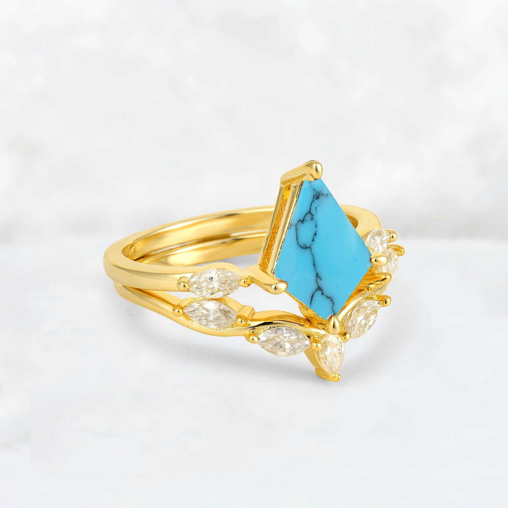 Kite Cut Turquoise Leaf Chevron Bridal Ring Set - Rose-Gold