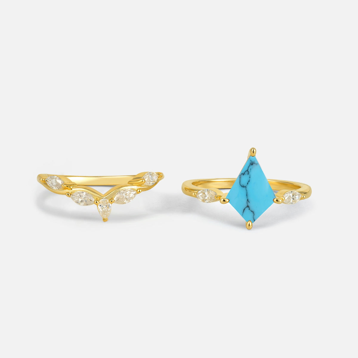 Kite Cut Turquoise Leaf Chevron Bridal Ring Set - White-Gold
