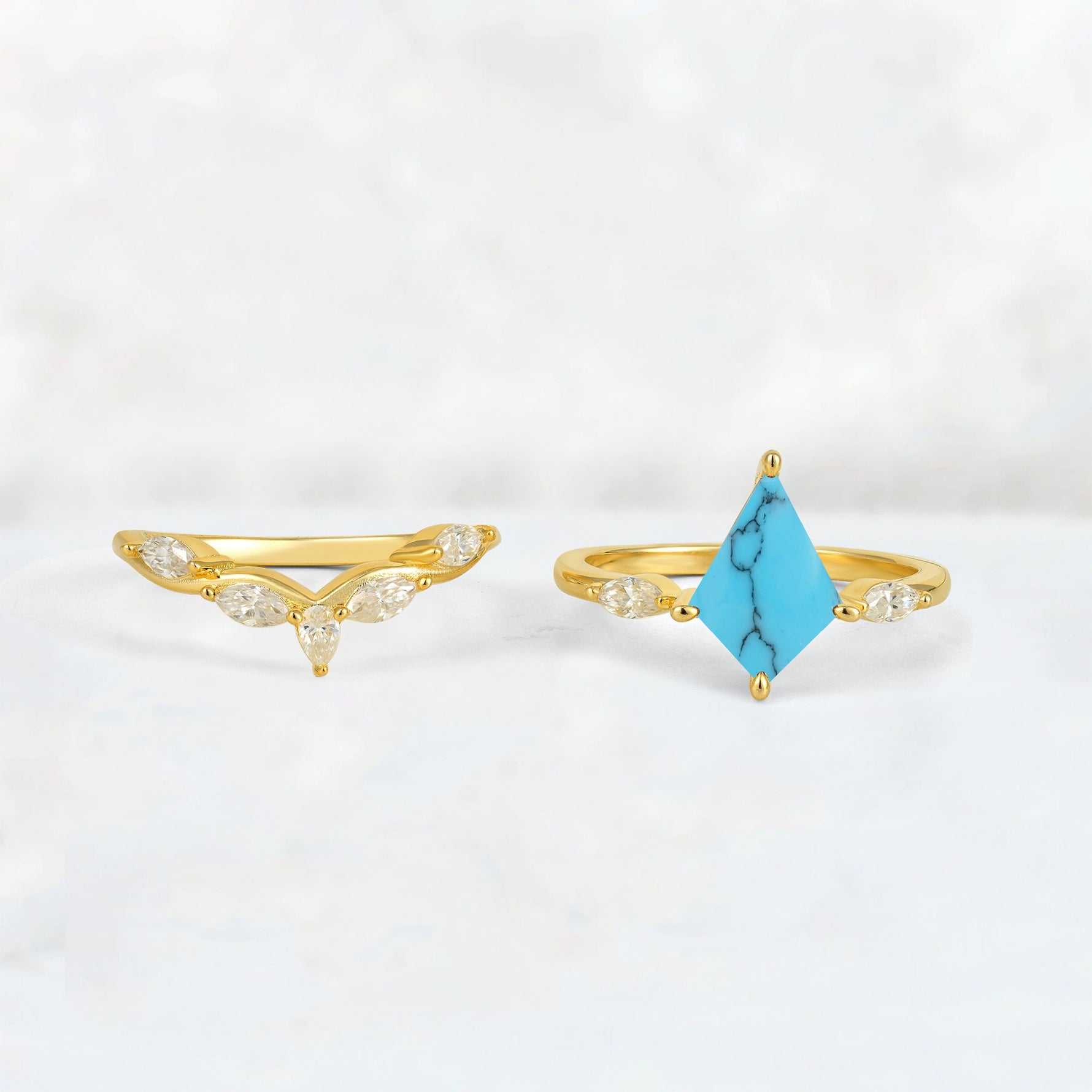 Kite Cut Turquoise Leaf Chevron Bridal Ring Set - White-Gold