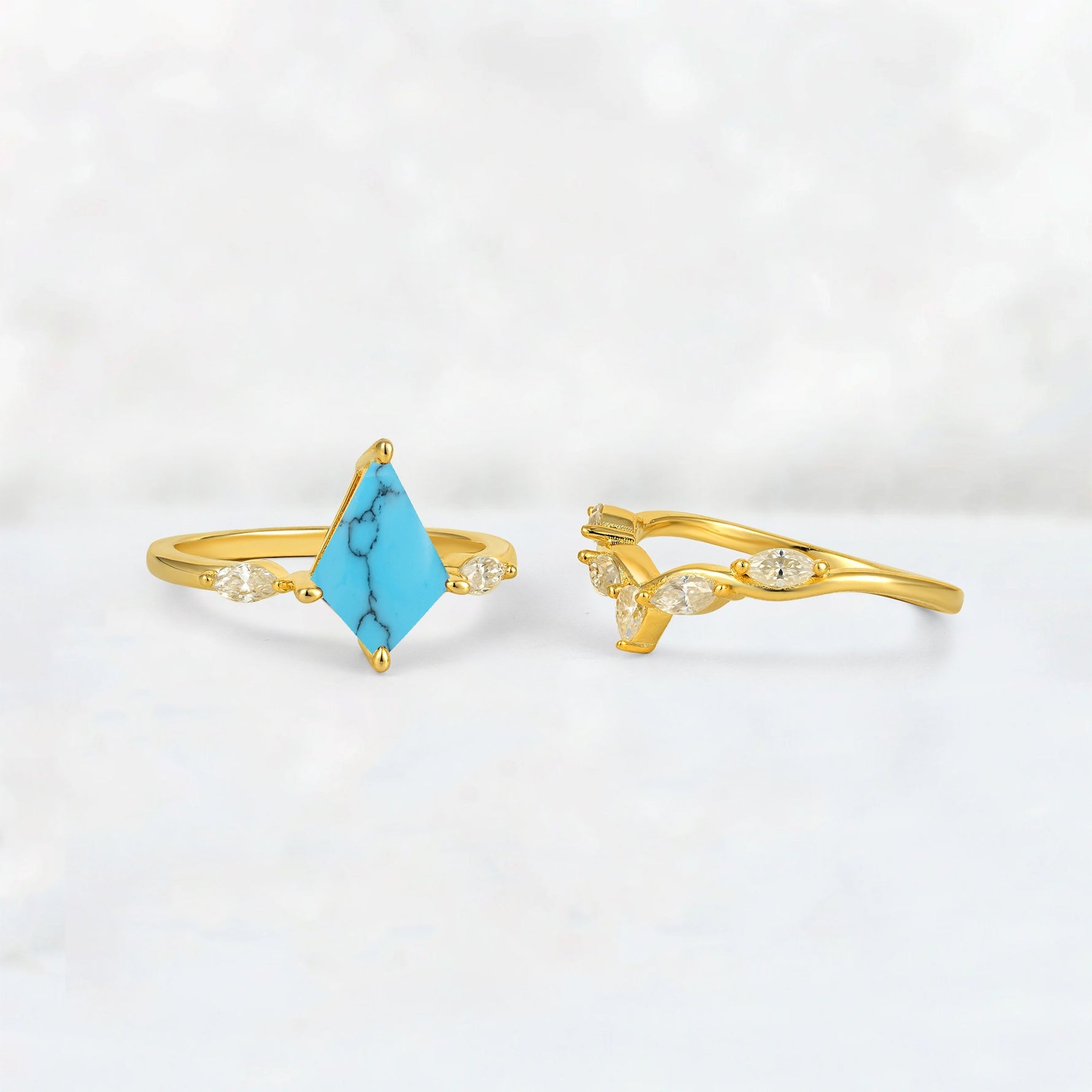 Kite Cut Turquoise Leaf Chevron Bridal Ring Set - Additional view