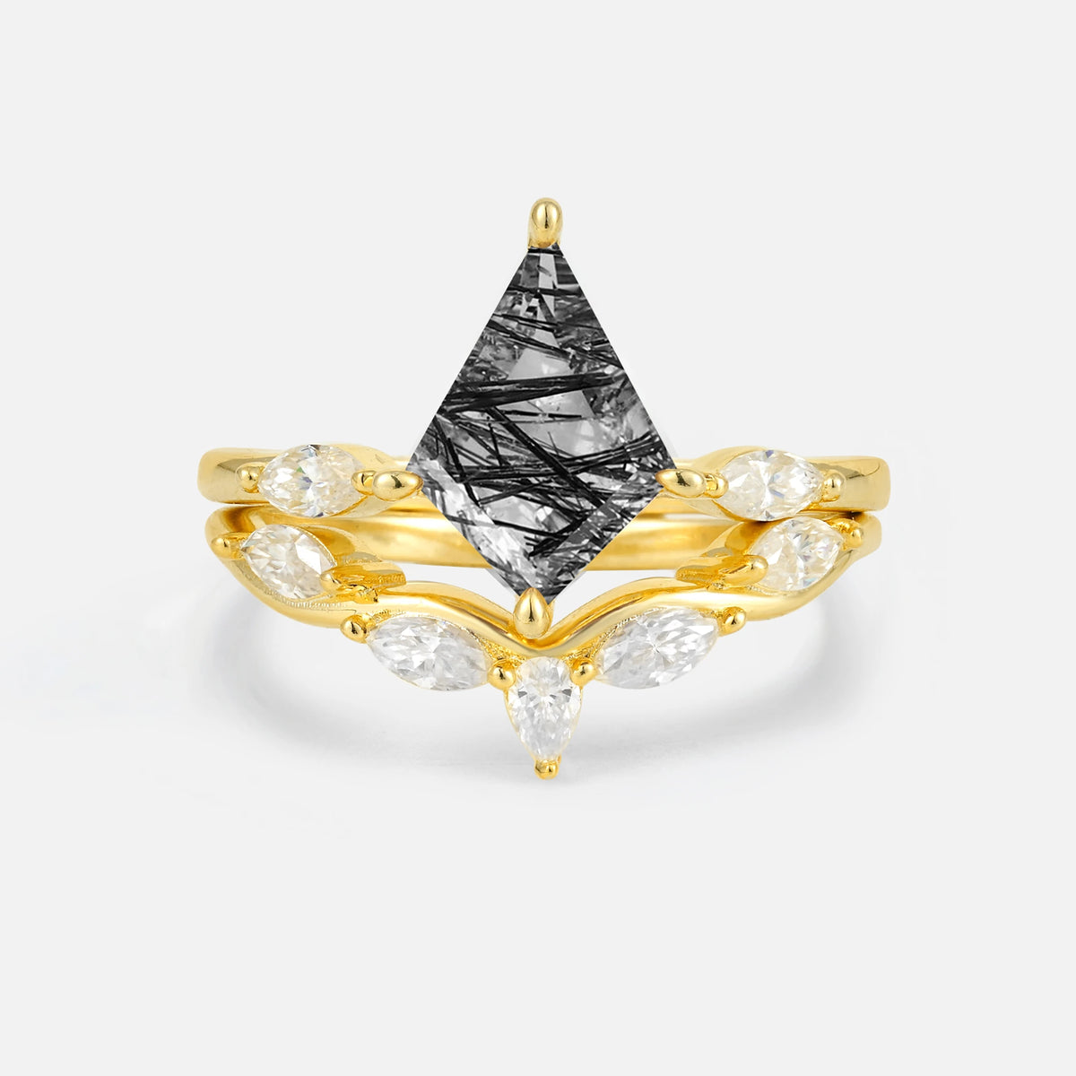 Kite Cut Black Rutilated Quartz Leaf Chevron Bridal Ring Set - Yellow-Gold