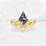 Kite Cut Black Rutilated Quartz Leaf Chevron Bridal Ring Set - Yellow-Gold