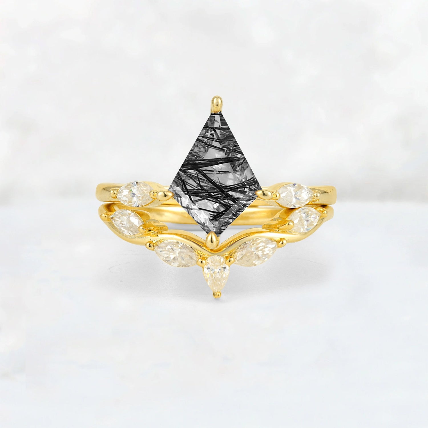 Kite Cut Black Rutilated Quartz Leaf Chevron Bridal Ring Set - Yellow-Gold