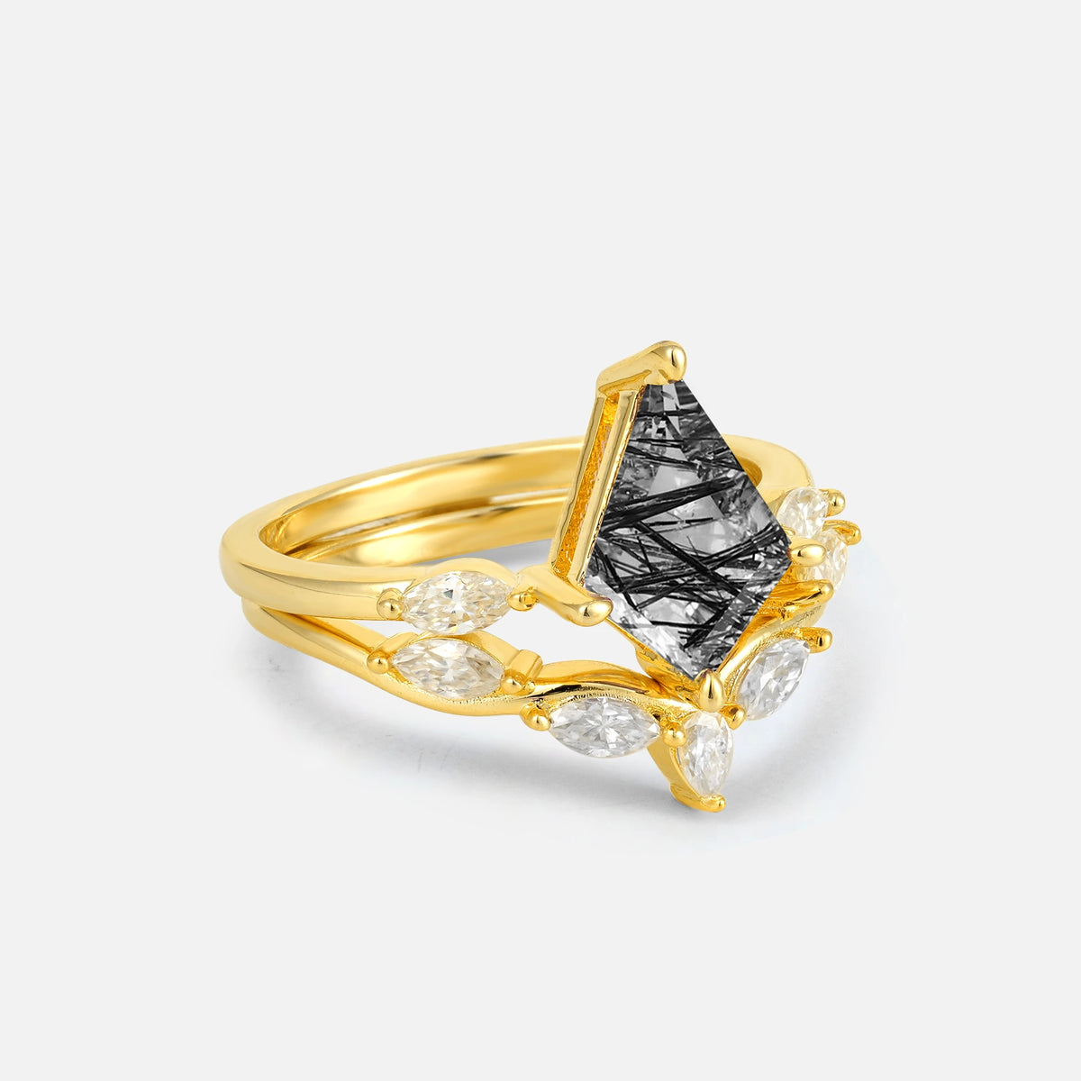 Kite Cut Black Rutilated Quartz Leaf Chevron Bridal Ring Set - Rose-Gold