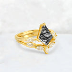 Kite Cut Black Rutilated Quartz Leaf Chevron Bridal Ring Set - Rose-Gold