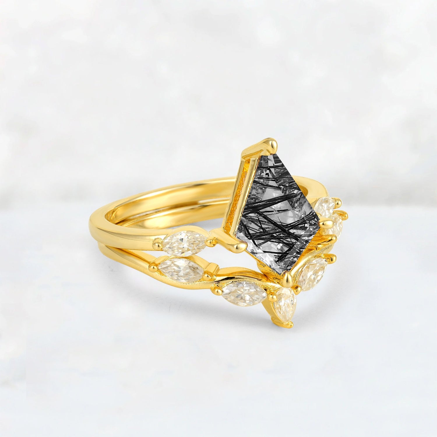 Kite Cut Black Rutilated Quartz Leaf Chevron Bridal Ring Set - Rose-Gold