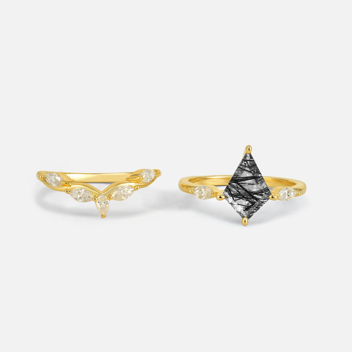 Kite Cut Black Rutilated Quartz Leaf Chevron Bridal Ring Set - White-Gold
