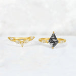 Kite Cut Black Rutilated Quartz Leaf Chevron Bridal Ring Set - White-Gold
