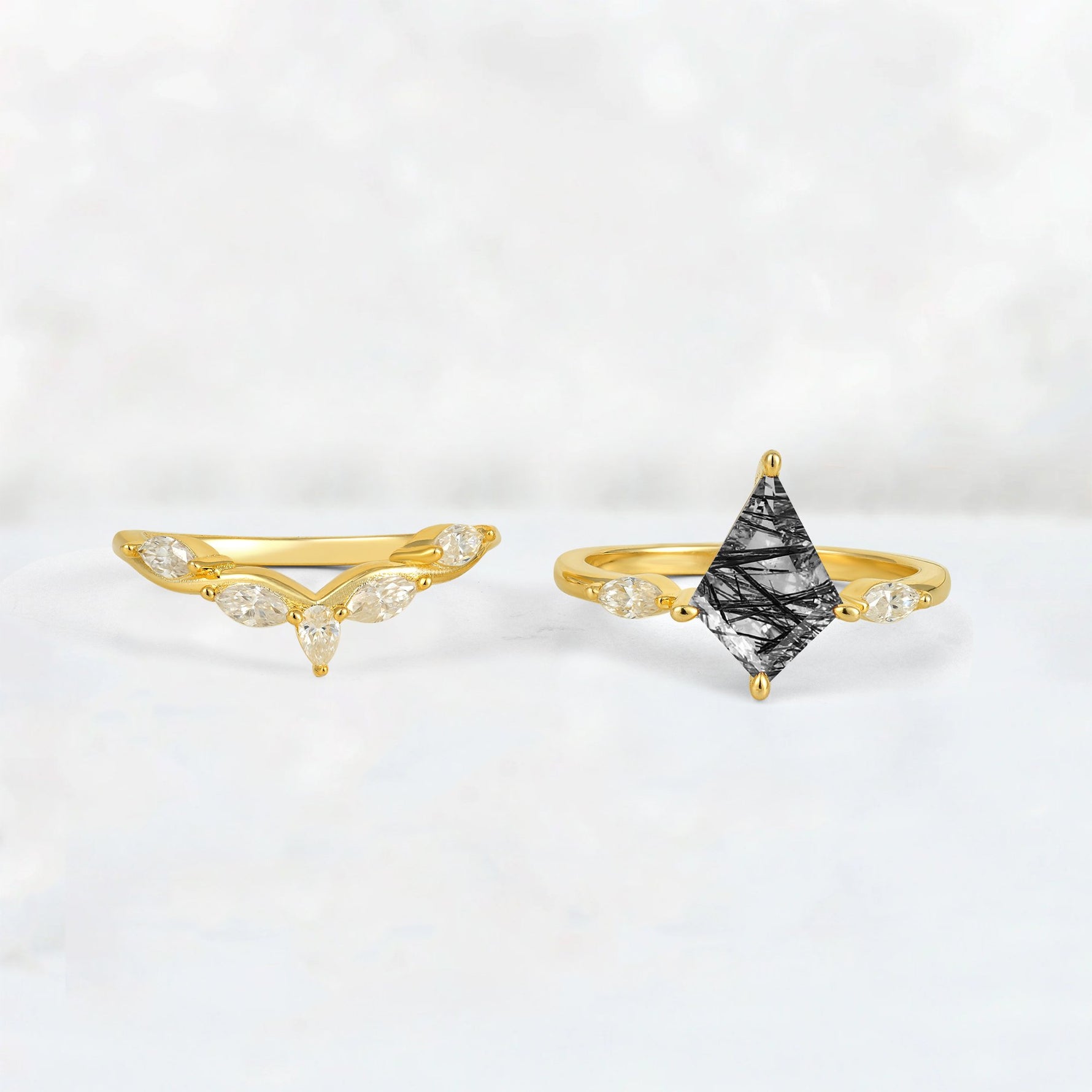 Kite Cut Black Rutilated Quartz Leaf Chevron Bridal Ring Set - White-Gold