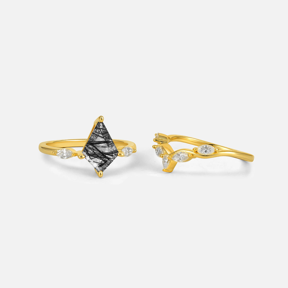 Kite Cut Black Rutilated Quartz Leaf Chevron Bridal Ring Set - Additional view
