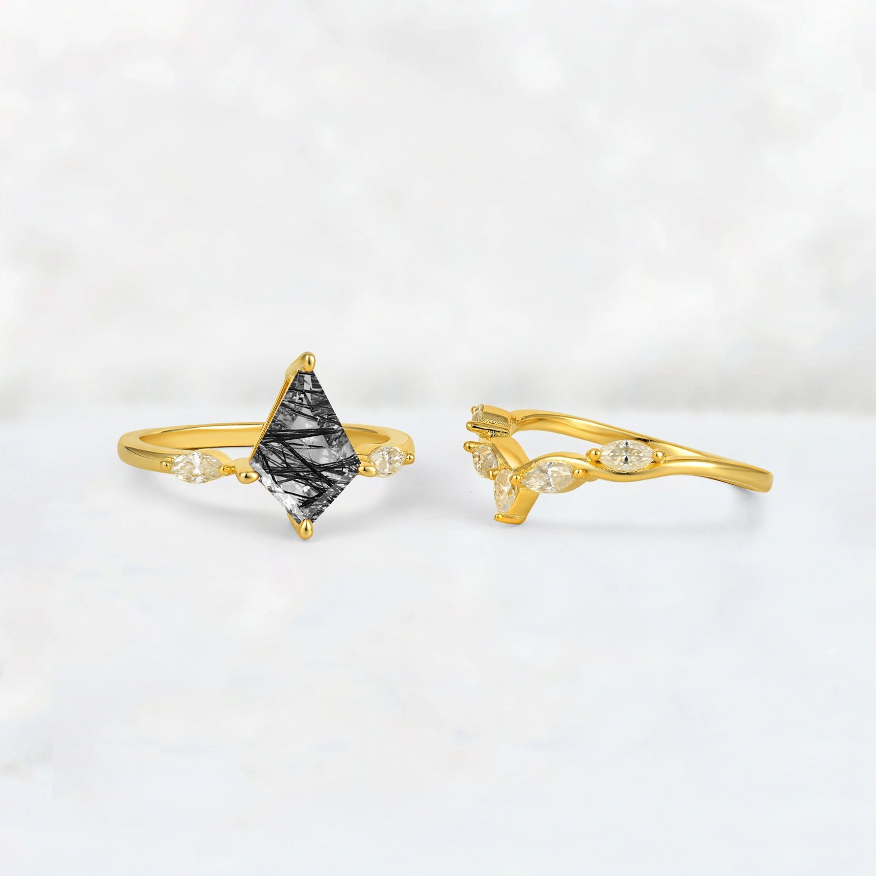 Kite Cut Black Rutilated Quartz Leaf Chevron Bridal Ring Set - Additional view