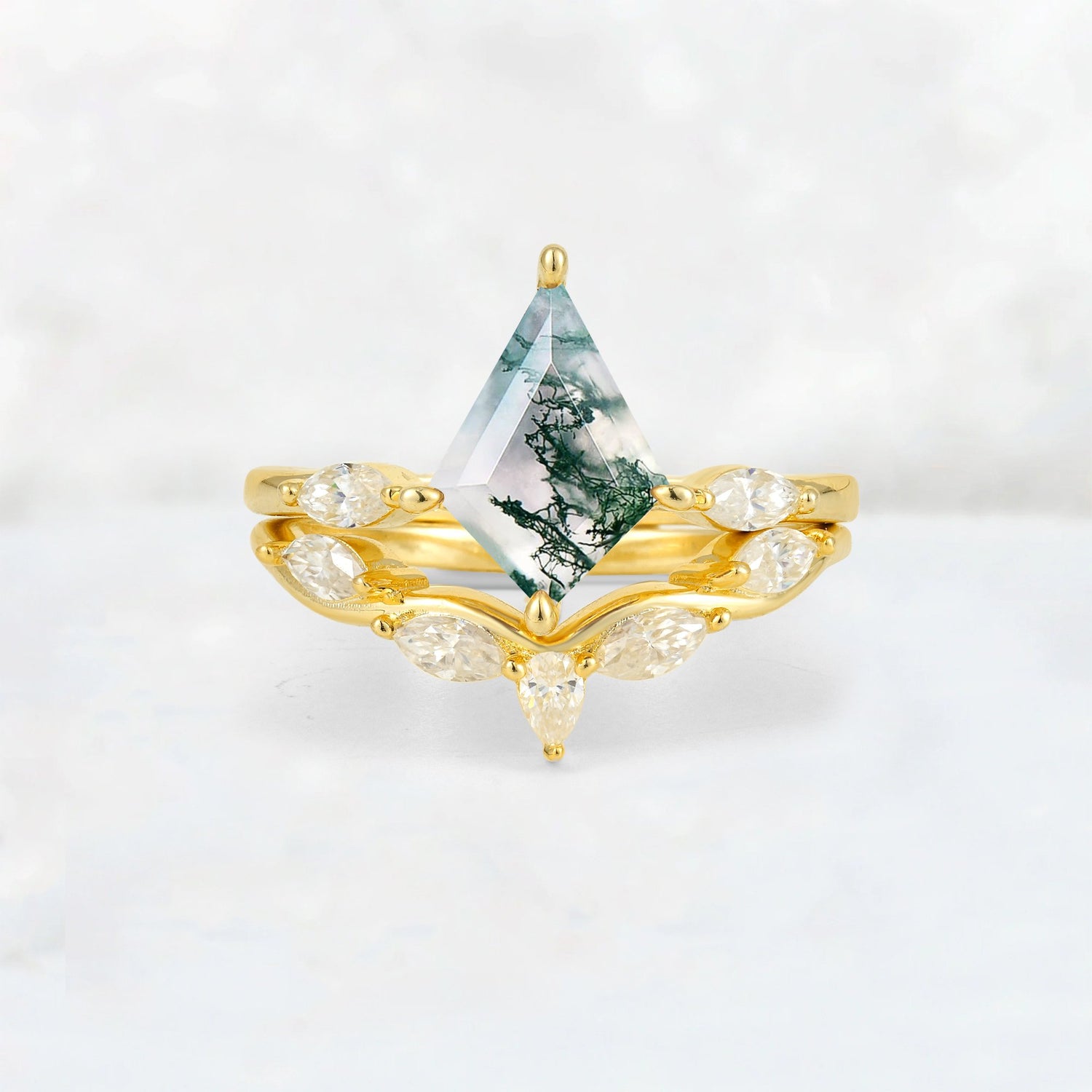 Kite Cut Moss Agate Leaf Chevron Bridal Ring Set - Yellow-Gold