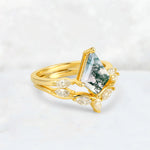 Kite Cut Moss Agate Leaf Chevron Bridal Ring Set - Rose-Gold