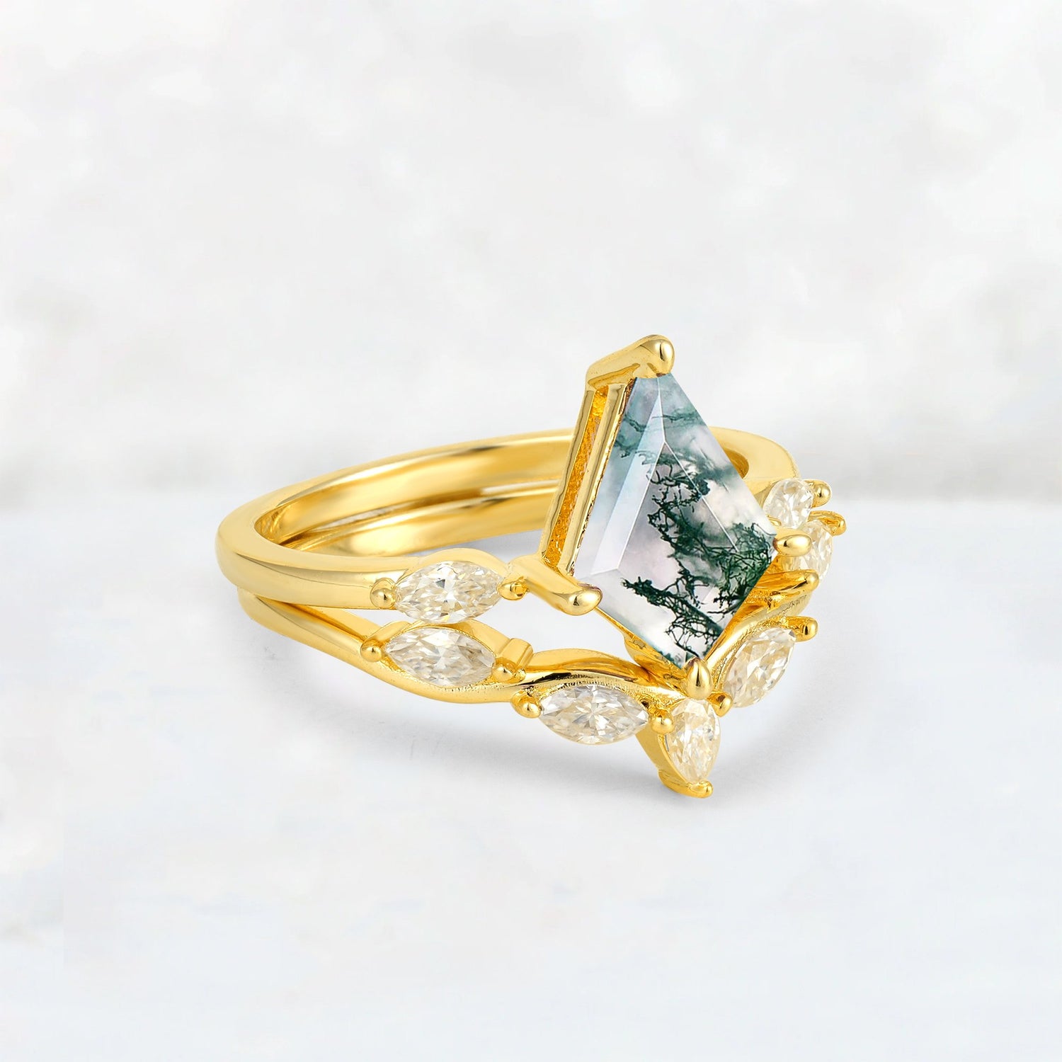Kite Cut Moss Agate Leaf Chevron Bridal Ring Set - Rose-Gold