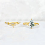 Kite Cut Moss Agate Leaf Chevron Bridal Ring Set - White-Gold