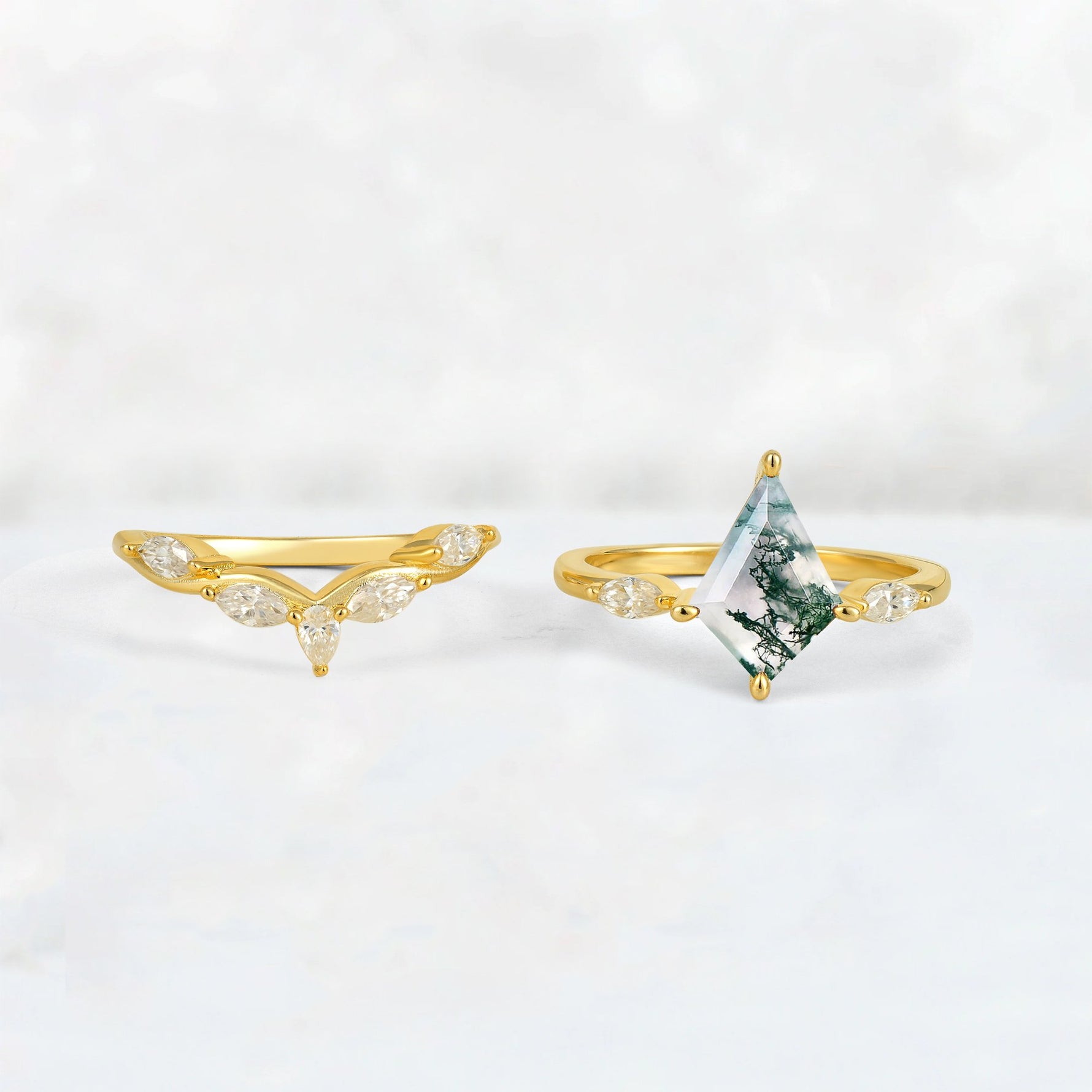 Kite Cut Moss Agate Leaf Chevron Bridal Ring Set - White-Gold