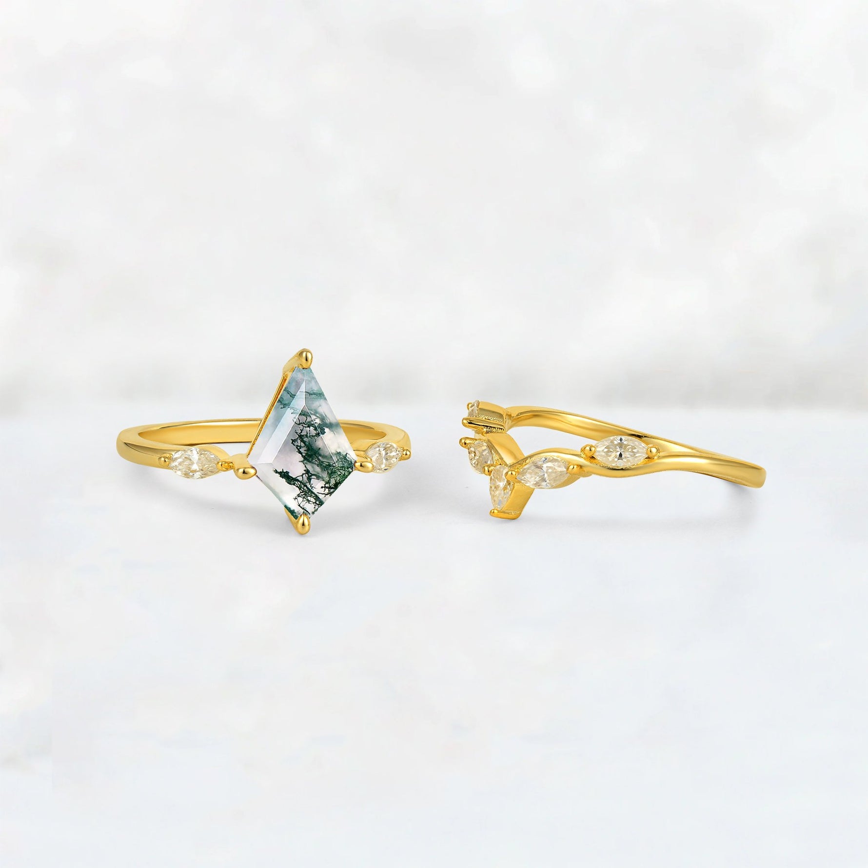 Kite Cut Moss Agate Leaf Chevron Bridal Ring Set - Additional view