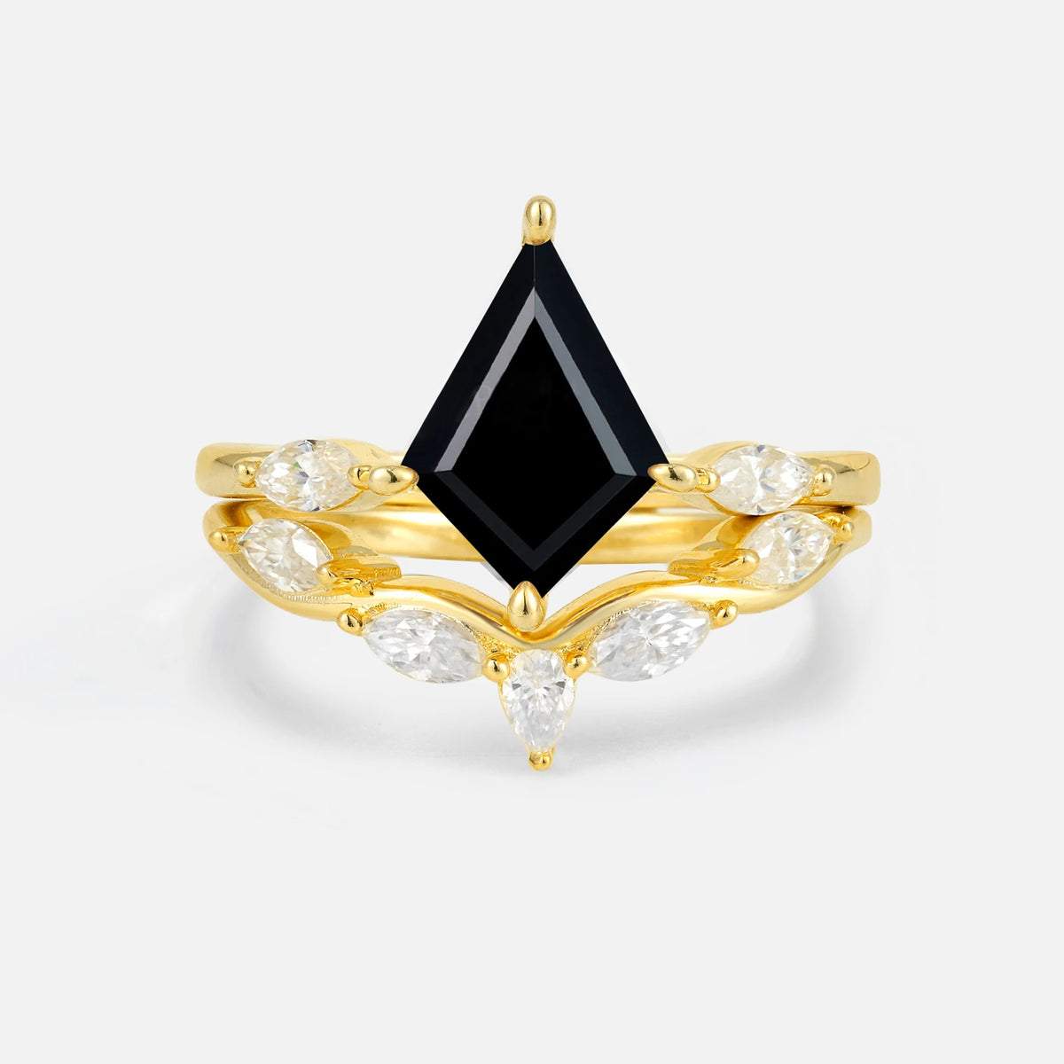 Kite Cut Black Onyx Leaf Chevron Bridal Ring Set - Yellow-Gold