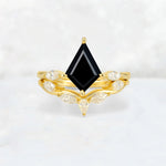 Kite Cut Black Onyx Leaf Chevron Bridal Ring Set - Yellow-Gold