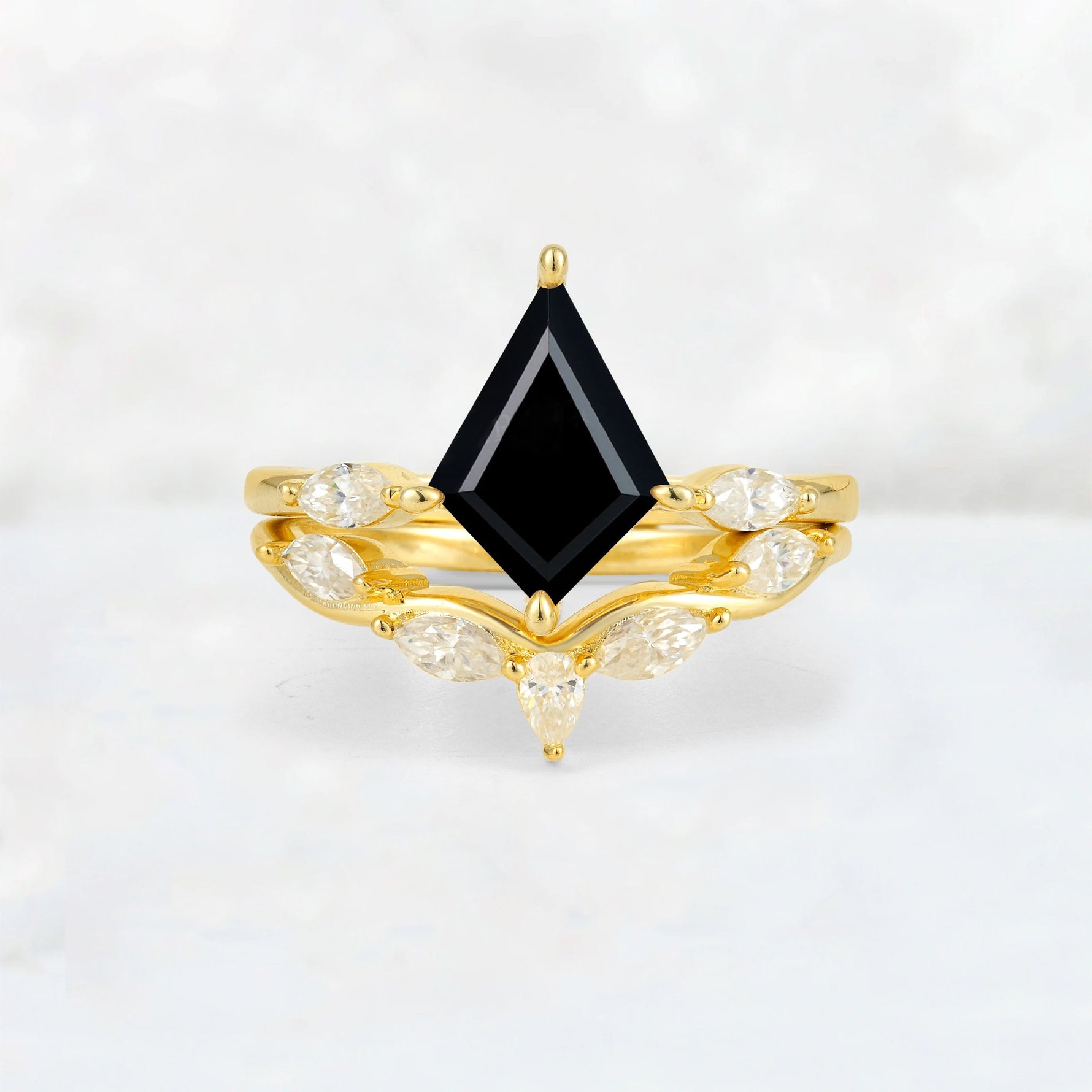 Kite Cut Black Onyx Leaf Chevron Bridal Ring Set - Yellow-Gold